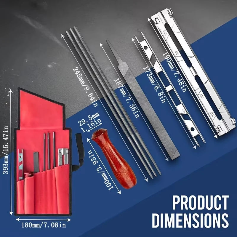Chainsaw Sharpening Kit - 9 Piece Set with Round Files (5/32", 3/16", 7/32"), Flat File (6"), Handle, Filing Guide, and Travel pouch