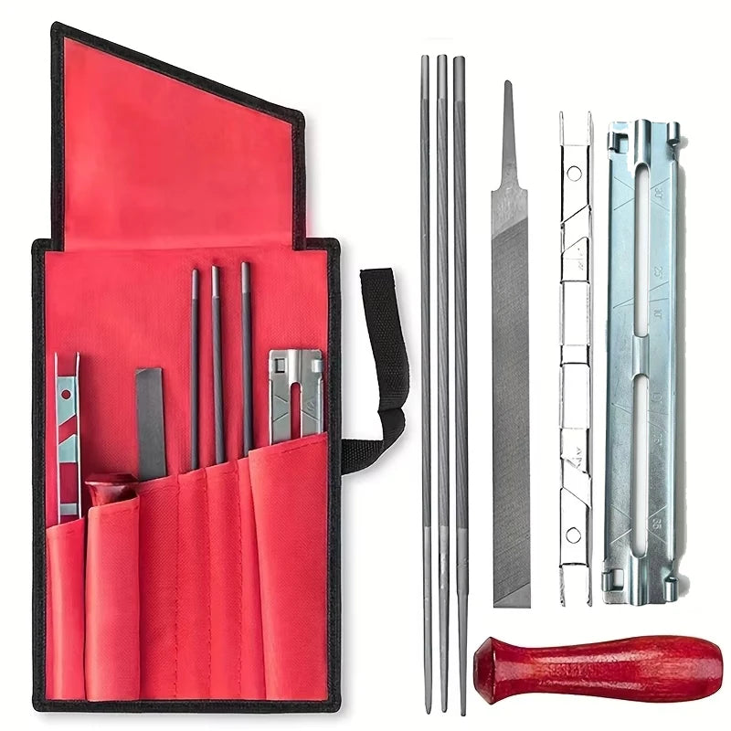 Chainsaw Sharpening Kit - 9 Piece Set with Round Files (5/32", 3/16", 7/32"), Flat File (6"), Handle, Filing Guide, and Travel pouch