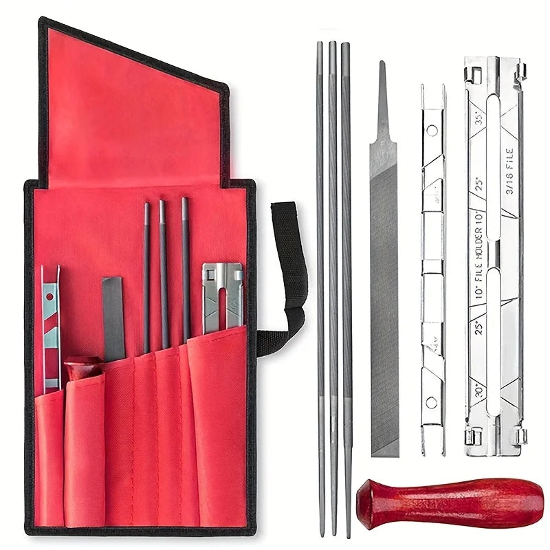 Chainsaw Sharpening Kit - 9 Piece Set with Round Files (5/32", 3/16", 7/32"), Flat File (6"), Handle, Filing Guide, and Travel pouch