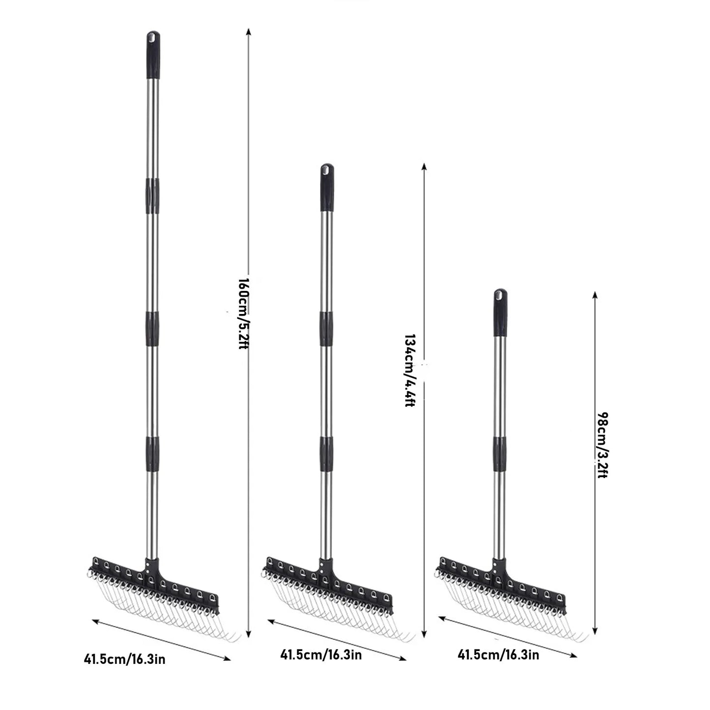 Rake for Leaves 16.3 Inch Wide Steel Wire Garden Rake with 5.2FT Long Handle for Lawn Yard